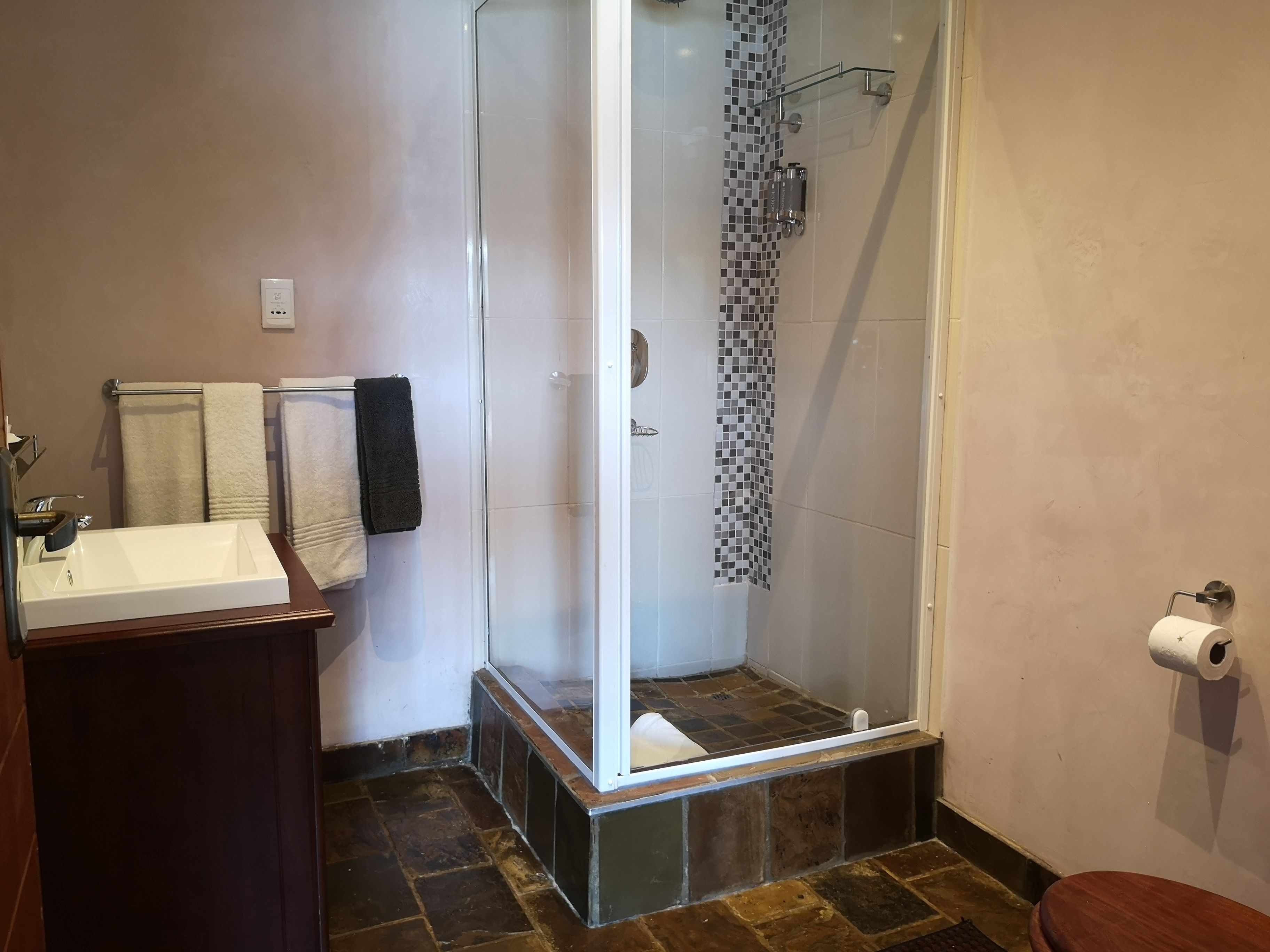 A bathroom with a glass-enclosed shower, a sink, and a toilet.