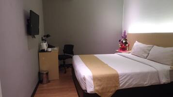 A hotel room with a bed, a desk with a chair, a TV mounted on the wall, and a trash bin.