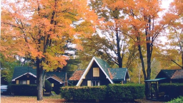 A row of cabins with a central building featuring a triangular roof, surrounded by trees with autumn foliage. - Amber Lantern Lake George Motel and Cottage Rentals (Lake George)