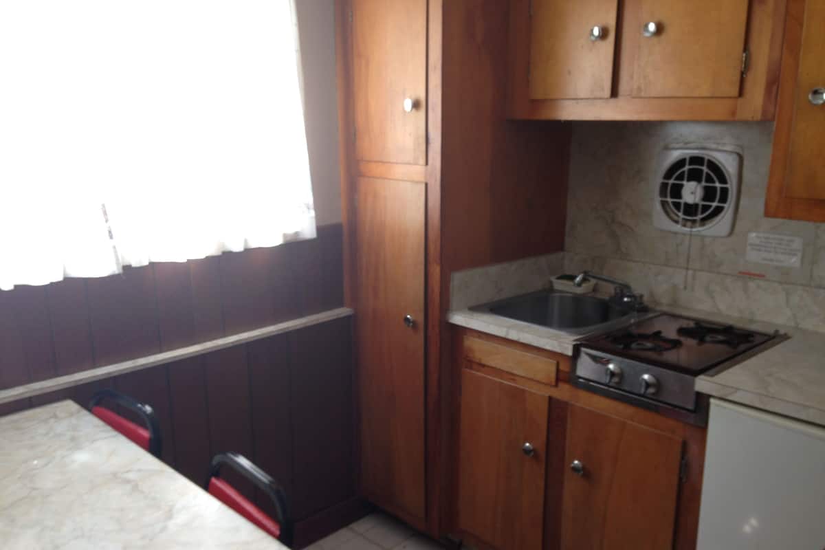 A compact kitchen with wooden cabinets, a gas stove, a sink, and a window with curtains.