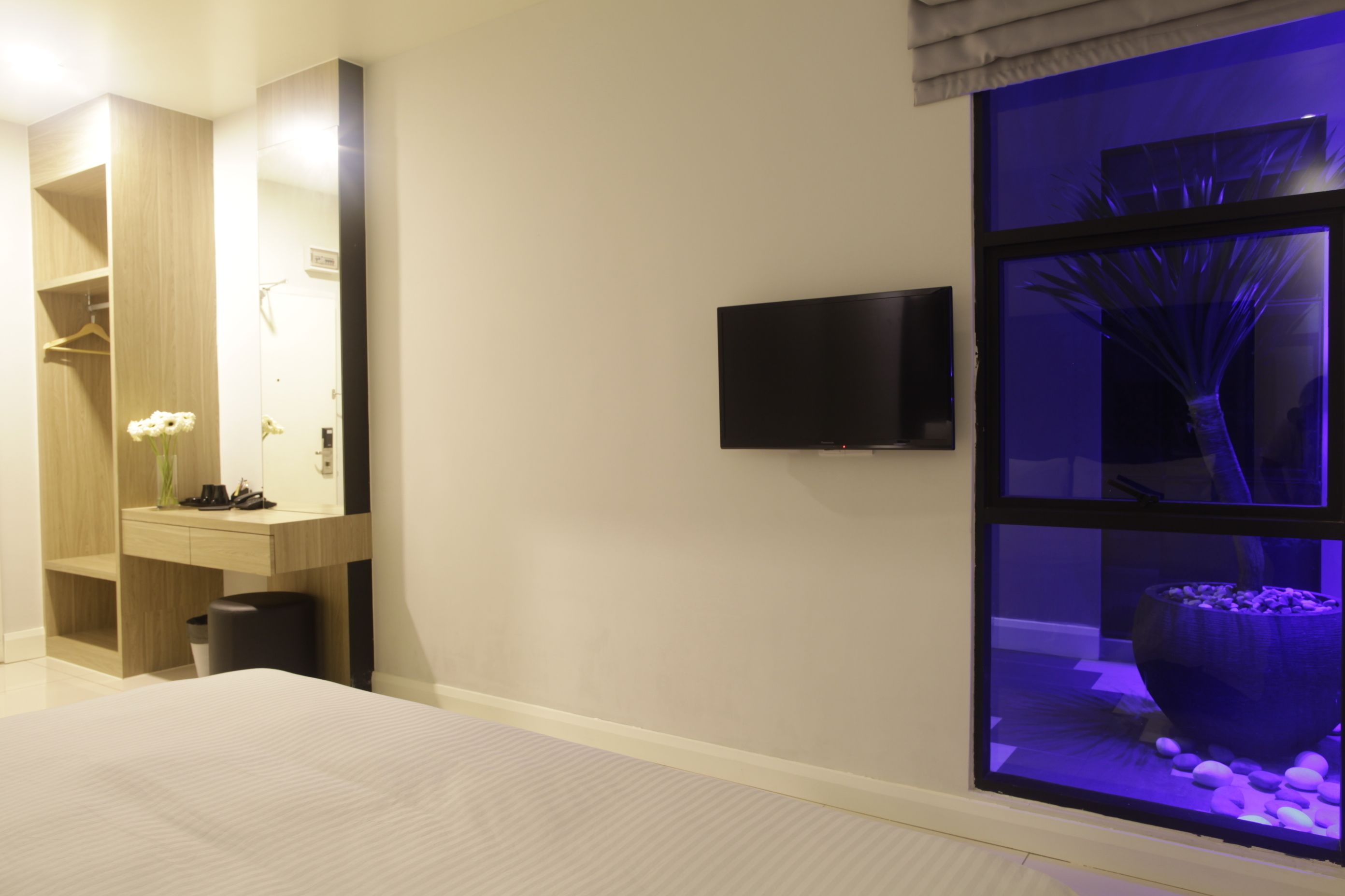 Una habitación de hotel moderna con una cama grande, una tocador con espejo, un televisor de pantalla plana montado en la pared y un ventanal con vistas a un macetero decorativo.