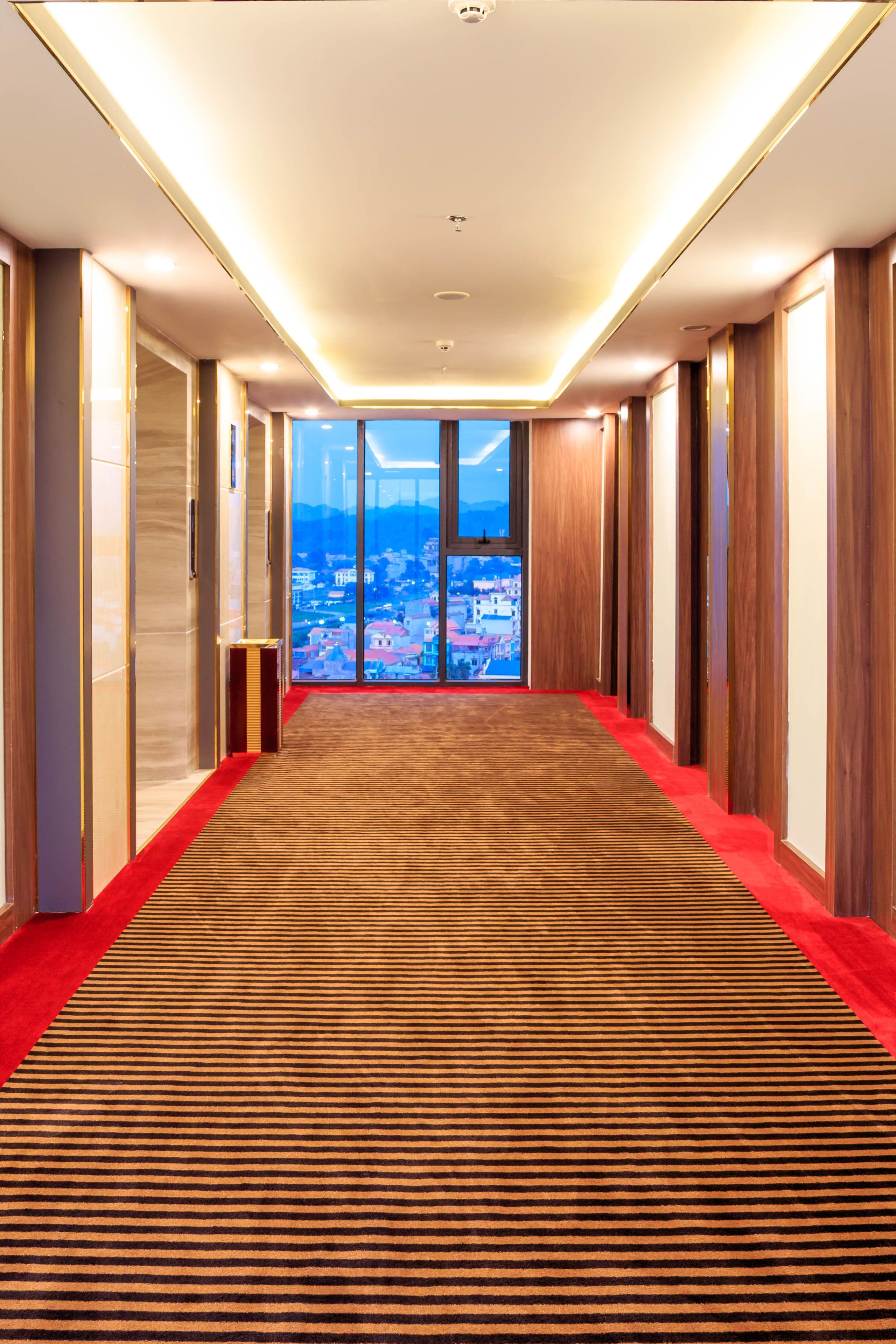 A hotel corridor with a red carpet, wooden paneling, and a view of a cityscape through large windows.