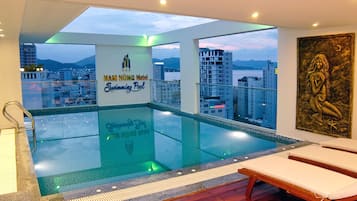 Indoor pool, outdoor pool, pool loungers