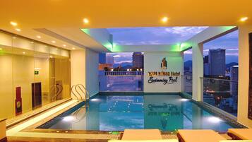 Indoor pool, outdoor pool, pool loungers