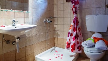 Shower, pengering rambut, dan handuk
