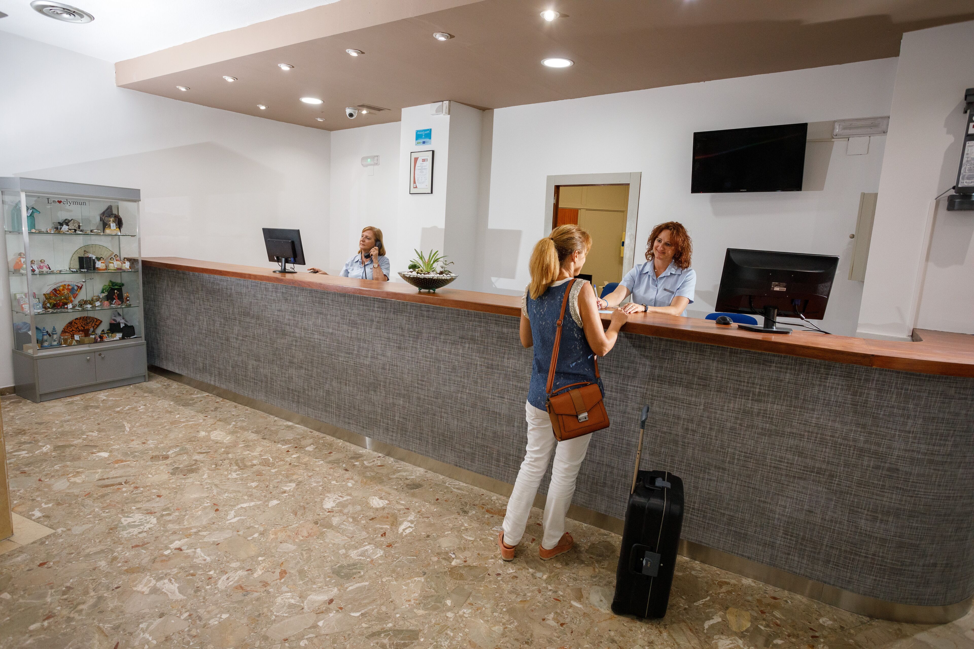 Zona de recepción de hotel con suelo de mármol, mostrador de recepción, televisor montado en la pared y una planta sobre el mostrador.