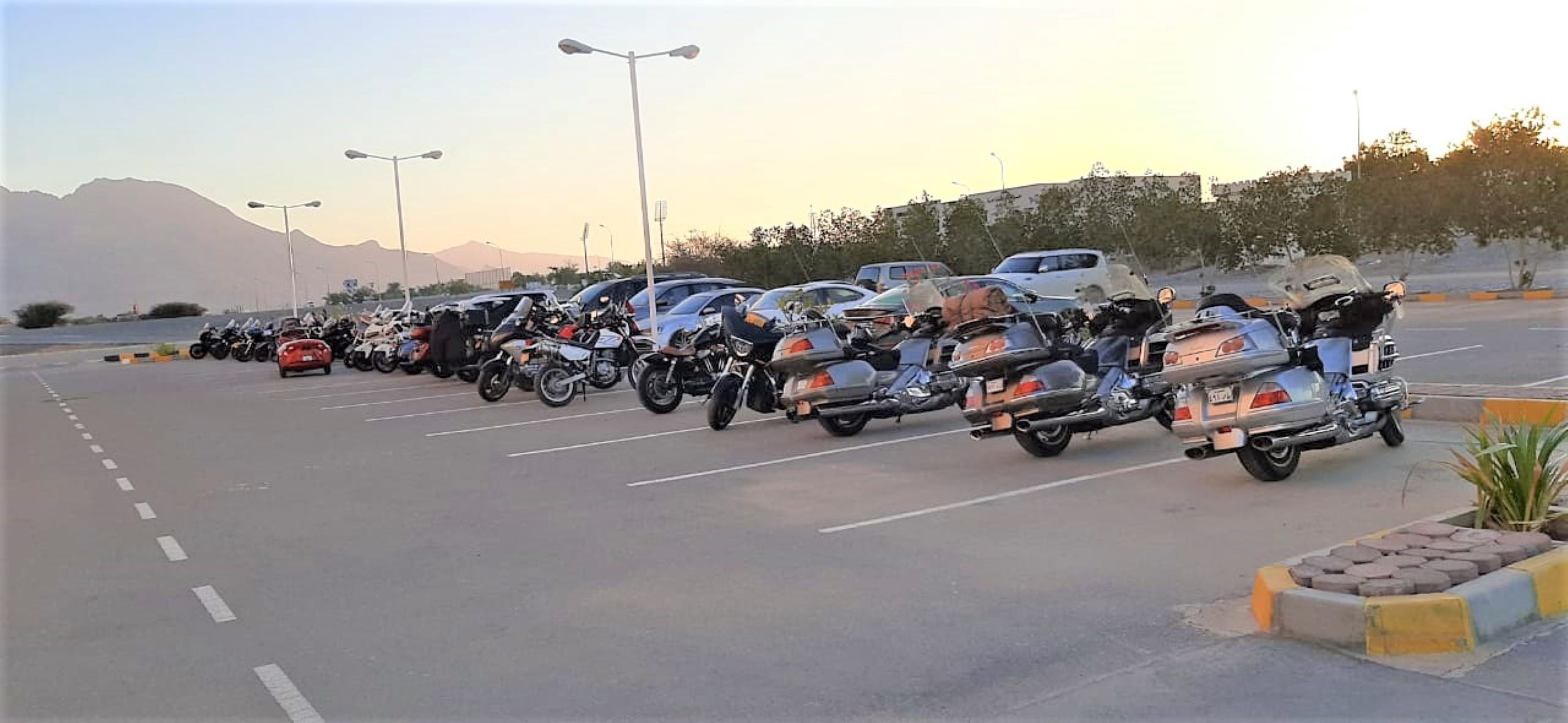 A parking lot with multiple motorcycles lined up.