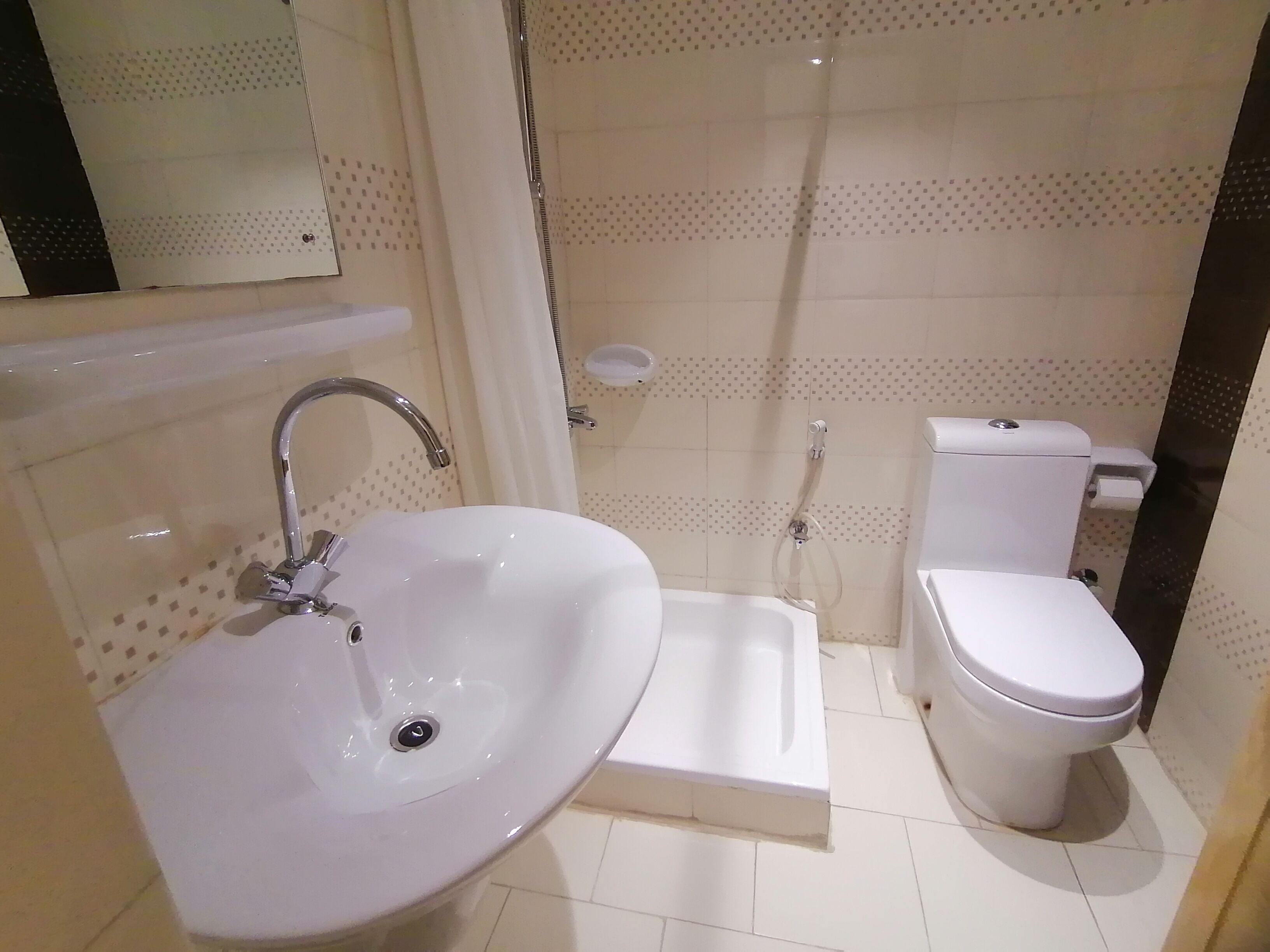 Une salle de bain avec un lavabo blanc, des toilettes et un espace douche.