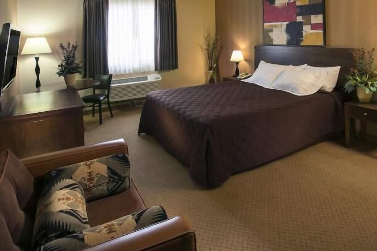 A hotel room with a bed, a sofa, a desk, a TV, and two lamps.