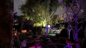 A nighttime garden with a pool, seating area, and illuminated plants.