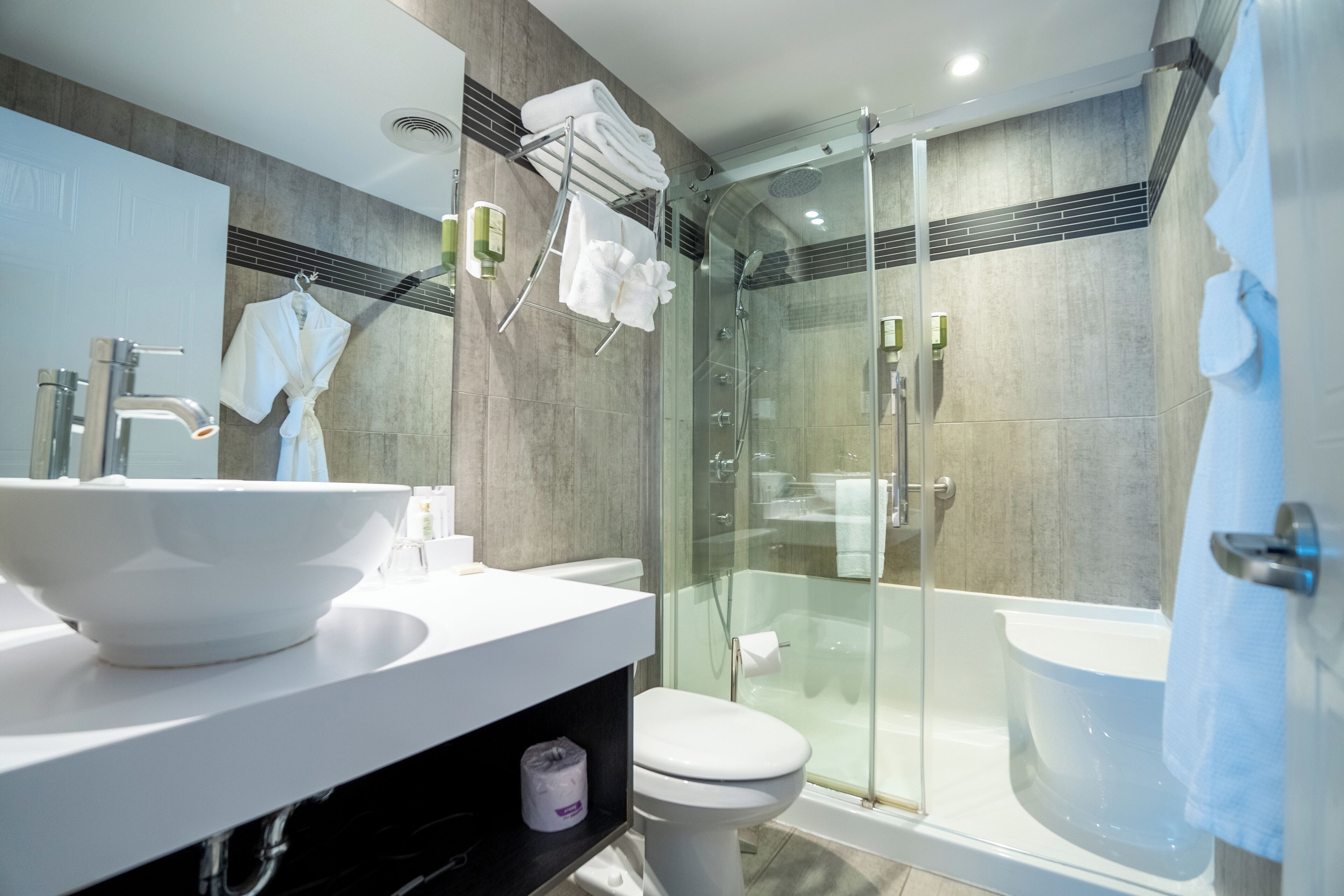 Un baño moderno con ducha envuelta en vidrio, un lavamanos blanco y un inodoro.
