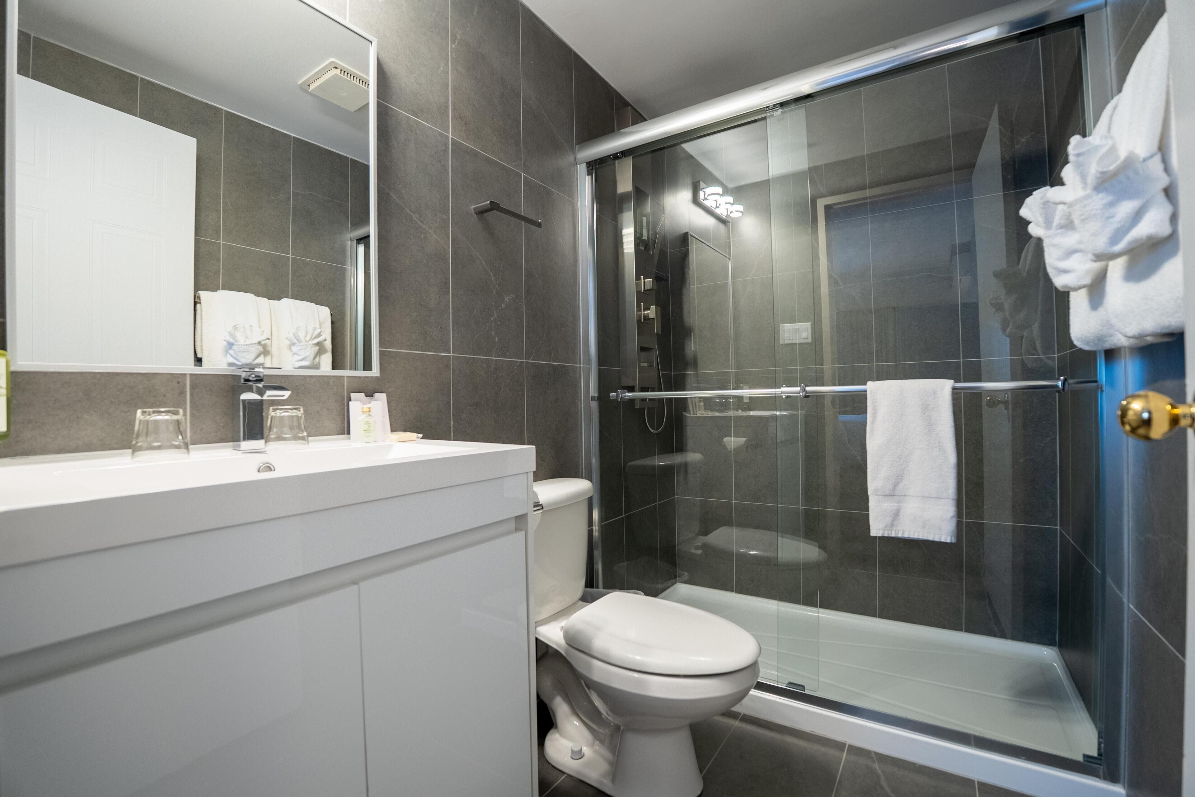 A modern bathroom with a glass-enclosed shower, a white toilet, and a vanity with a mirror.