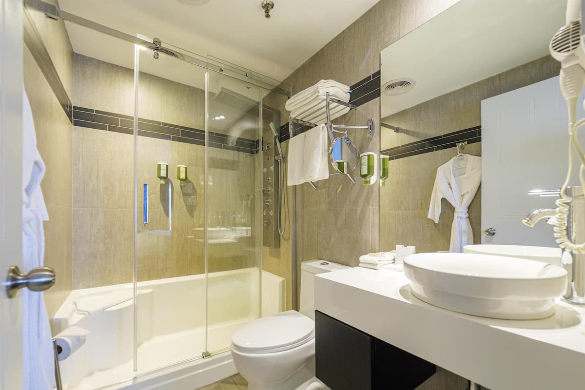 A modern bathroom with a glass-enclosed shower, a white toilet, and a large sink with a mirror.