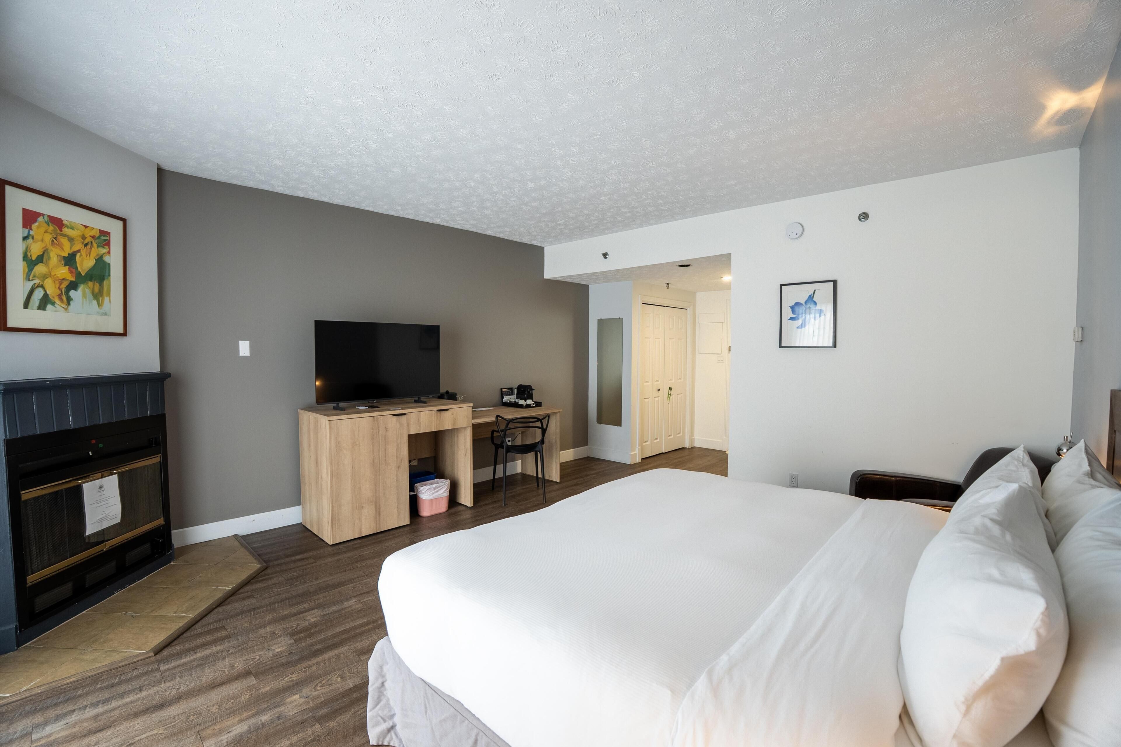 Quarto de hotel com cama, escrivaninha, televisão e um quadro na parede.