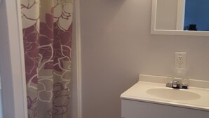A bathroom with a shower curtain, a sink, a mirror, and a toilet. - Country Squire Motel (Littleton)