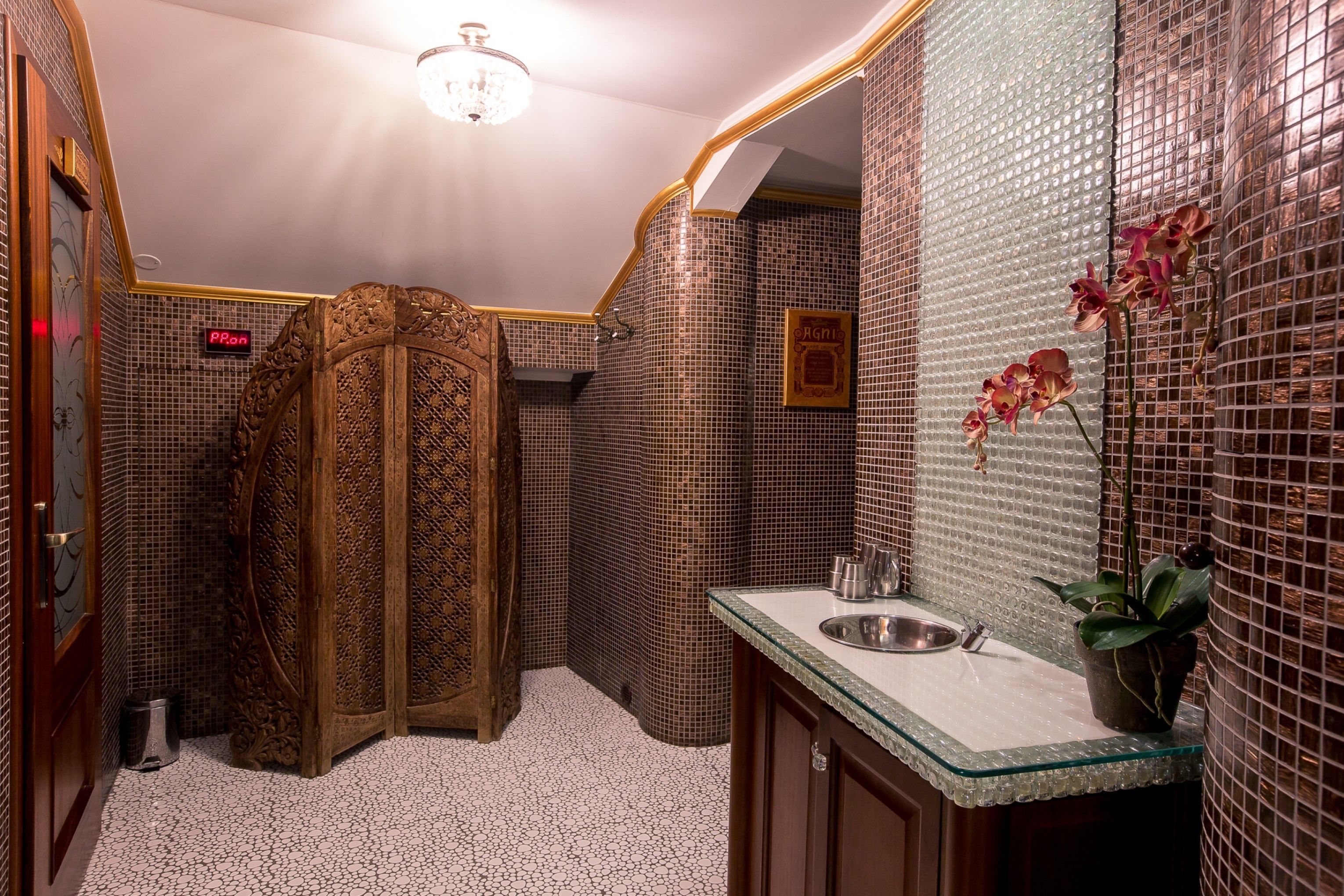 Une salle de bain avec un sol carrelé, une porte en bois, un lavabo avec un miroir et une plante en pot.