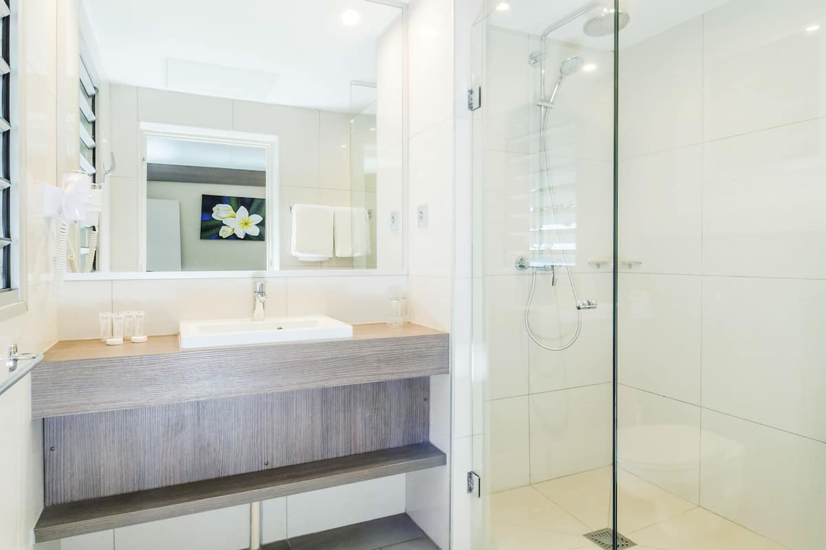 shower, free toiletries, hair dryer, towels