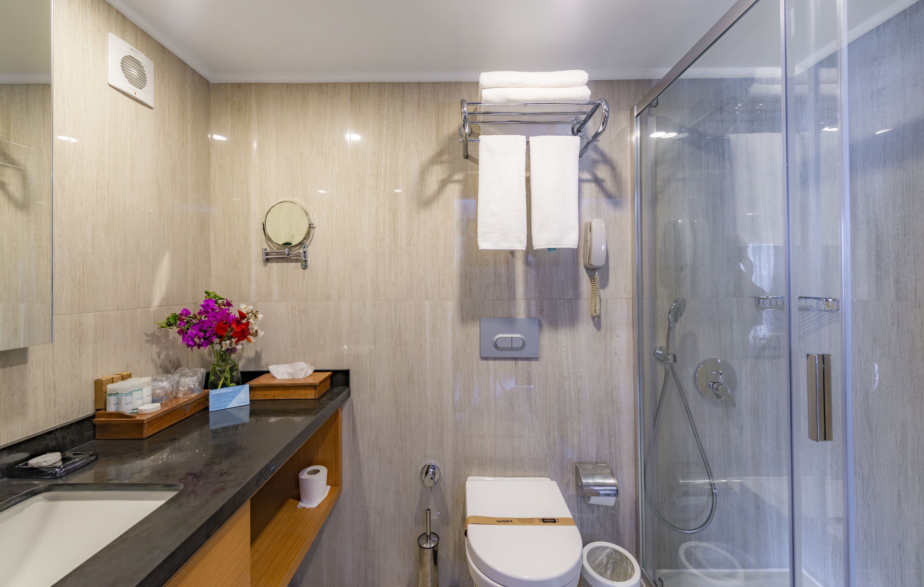 A modern bathroom with a glass shower enclosure, a toilet, a sink with a vanity, and a mirror.