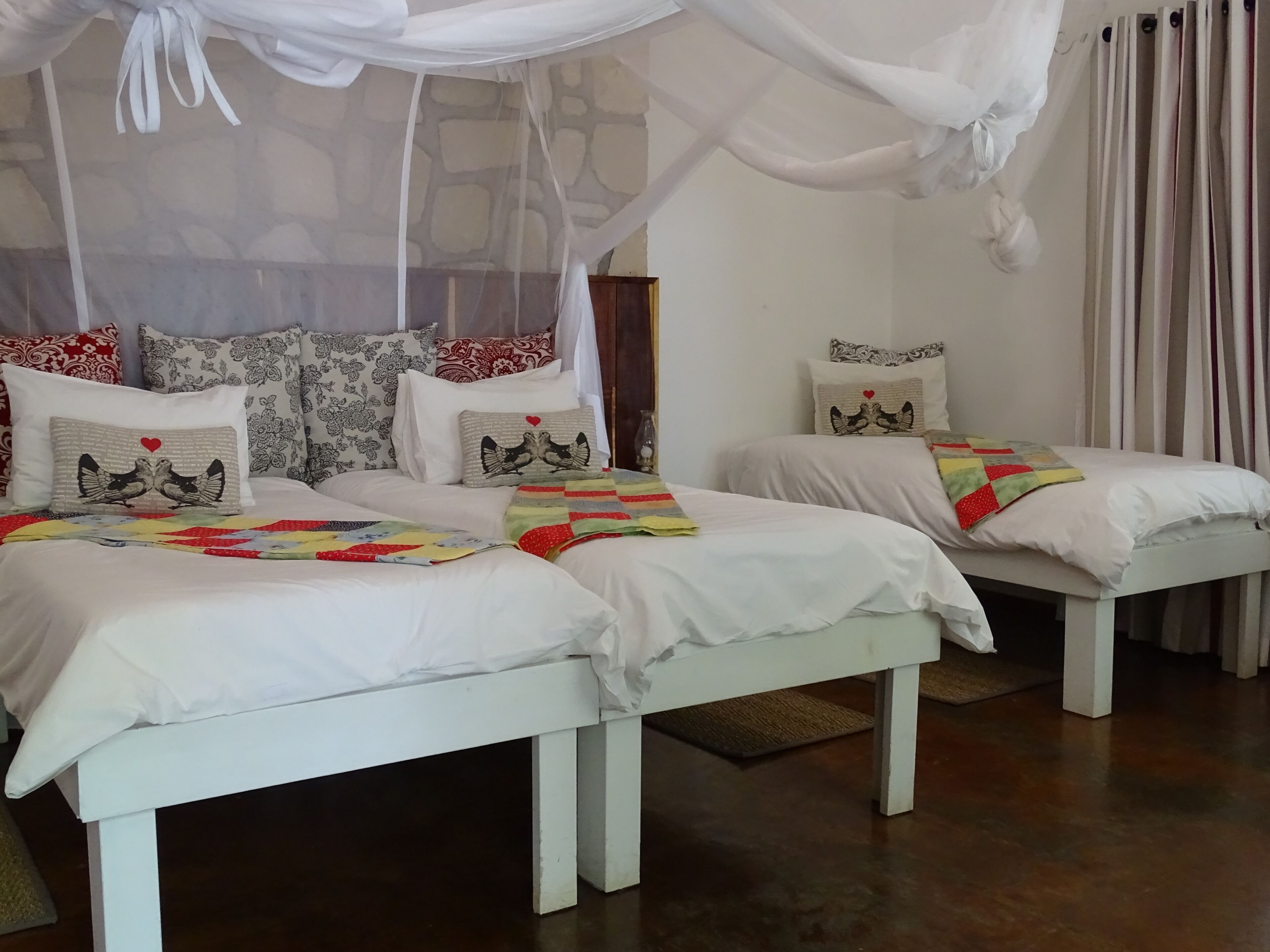 A bedroom with two beds, a canopy, and patterned pillows.
