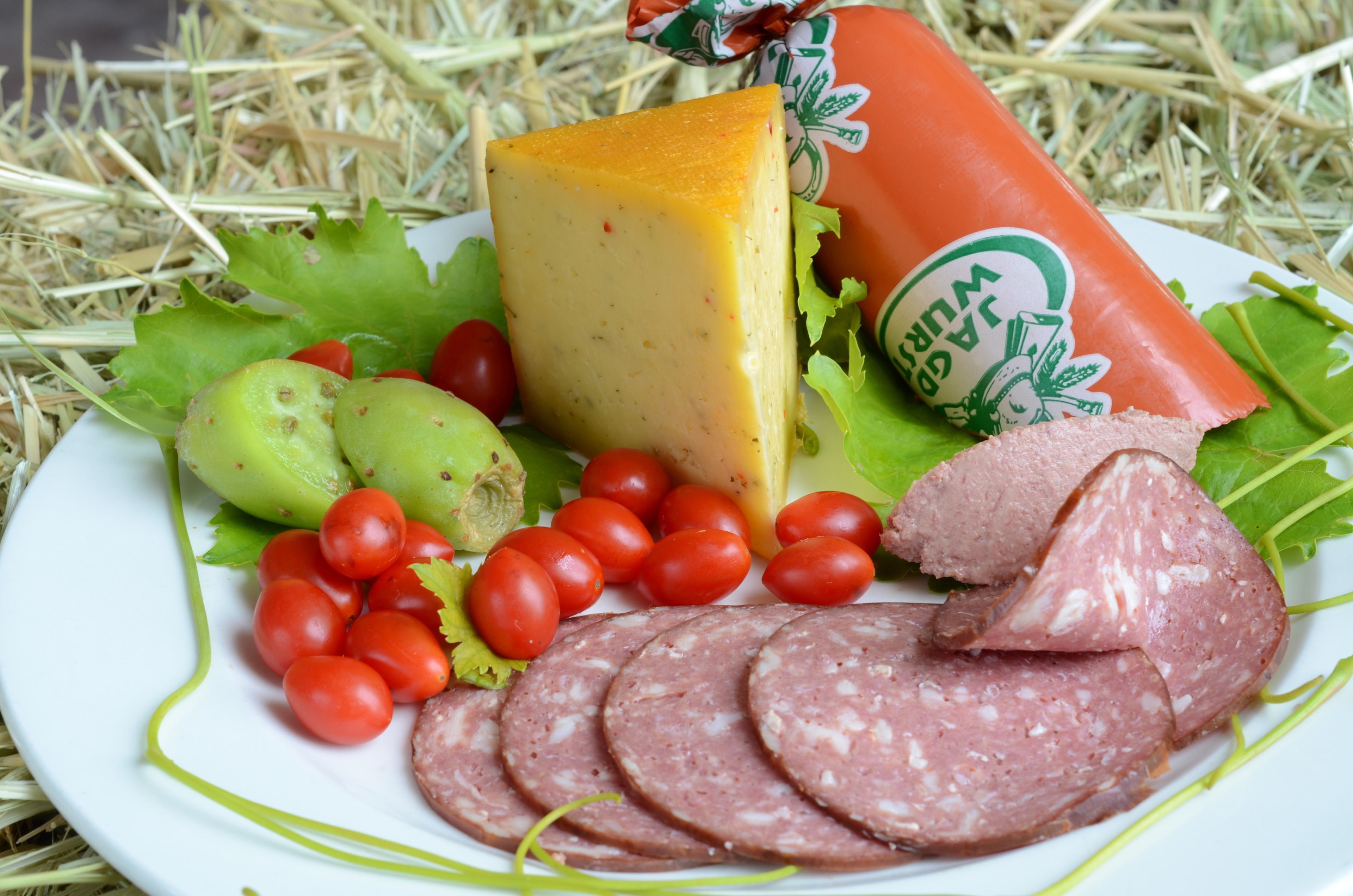 Une assiette garnie de fromage, de salami, de tomates cerises et de cornichons.