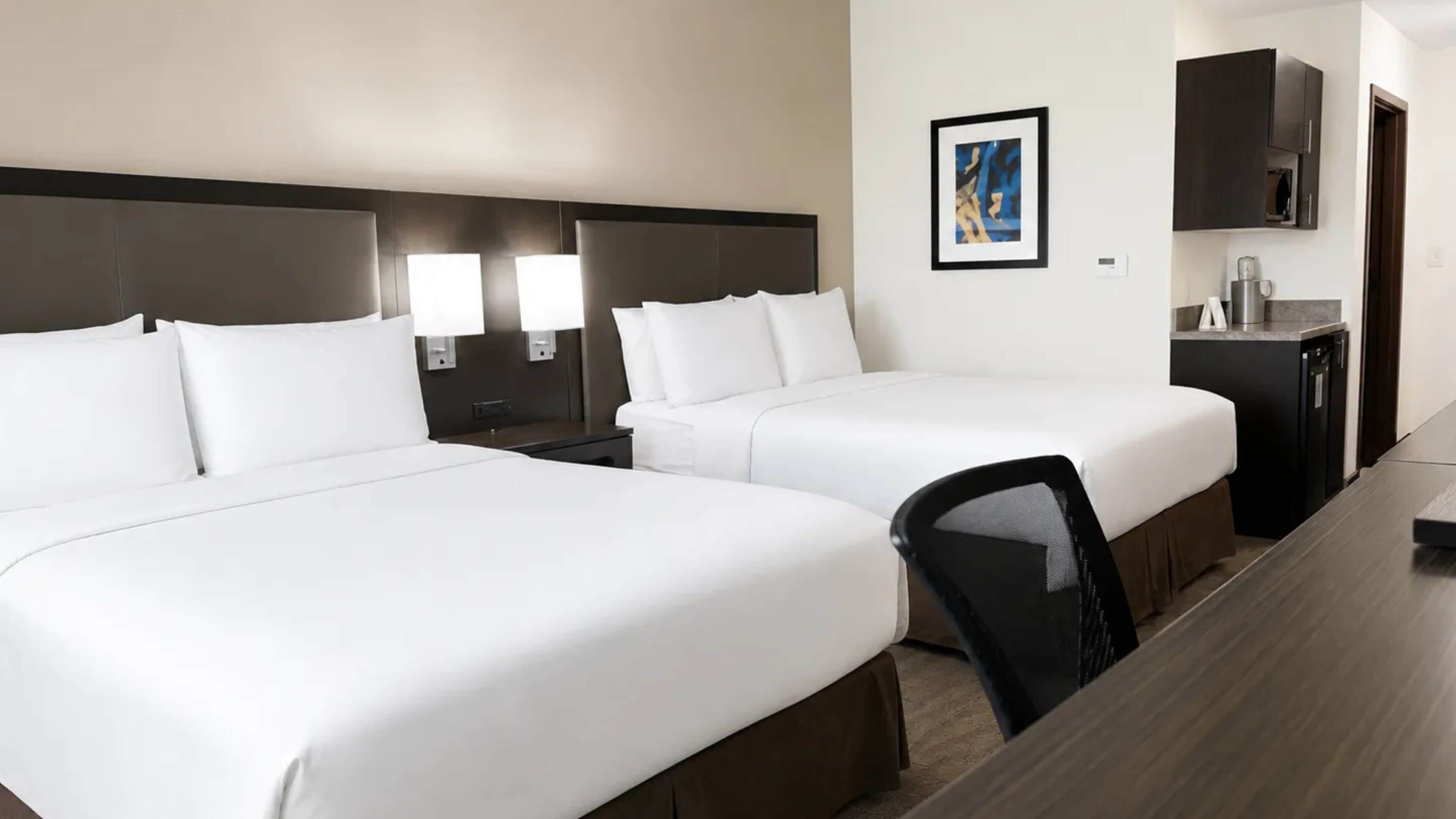 Habitación de hotel con dos camas, un escritorio, una silla, una mesita de noche, un cuadro en la pared y un armario.