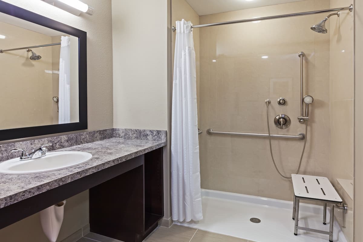combined shower/bathtub, hair dryer, towels