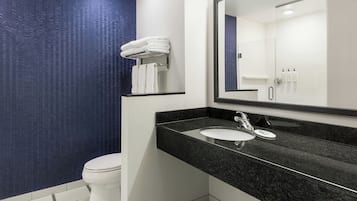 Un baño moderno con inodoro blanco, lavabo de granito negro y un espejo grande.