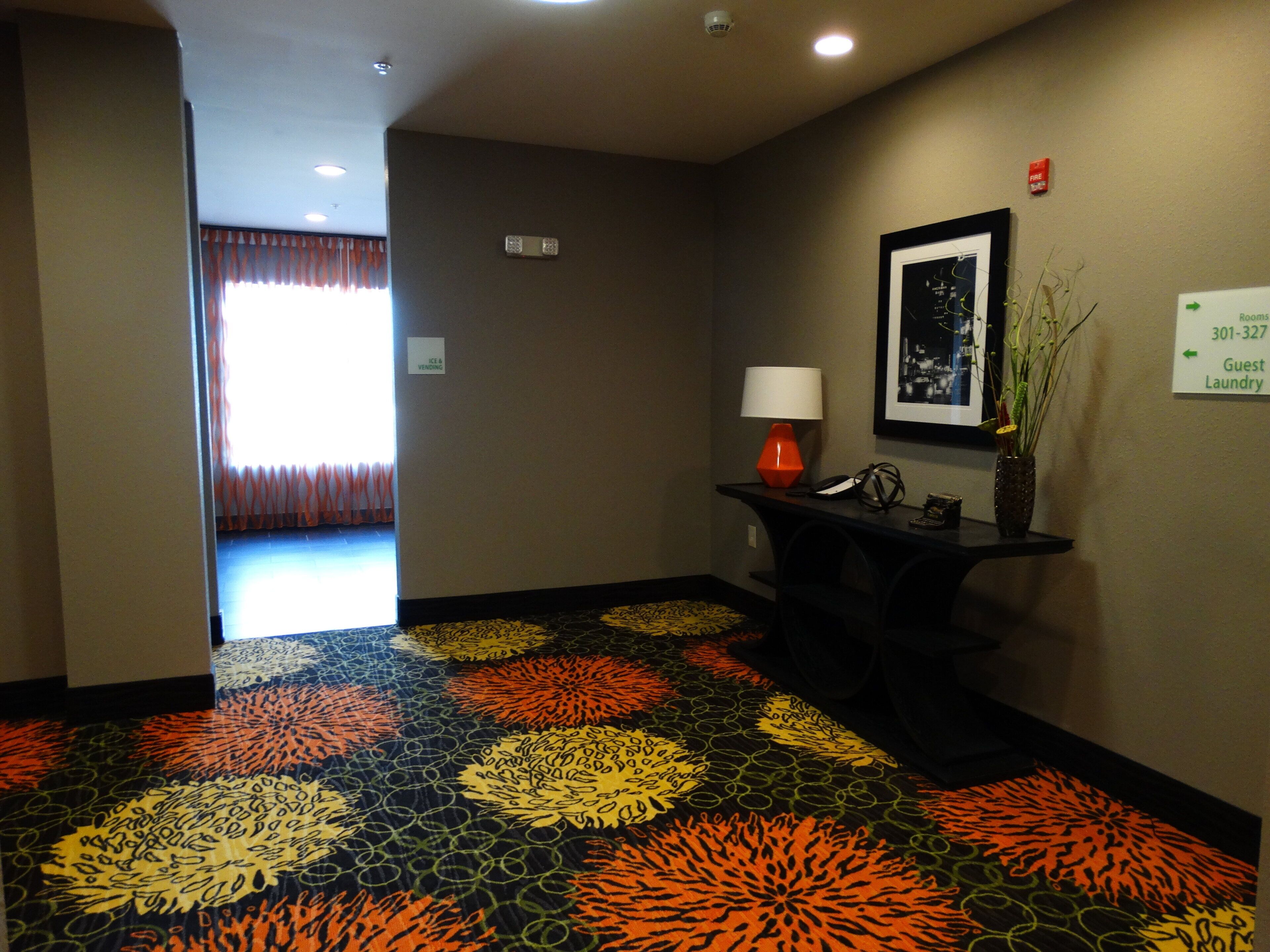Pasillo de hotel con alfombra estampada, un escritorio con lámpara, un cuadro enmarcado y un letrero que indica las instalaciones de lavandería para huéspedes.