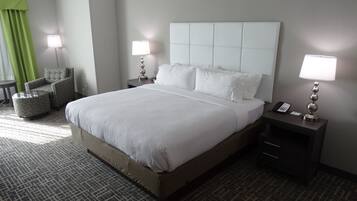 Desk, laptop workspace, blackout drapes, iron/ironing board