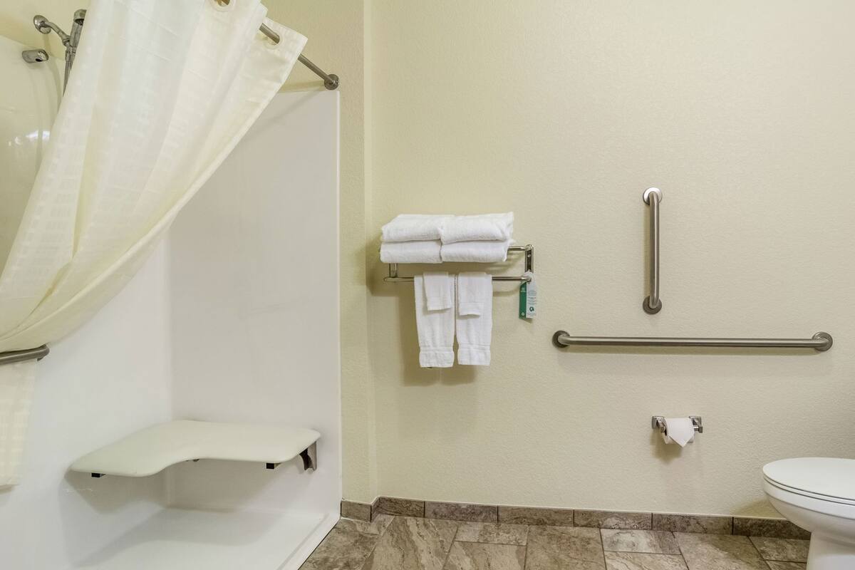 A bathroom with a shower, a toilet, a towel rack, and a grab bar.