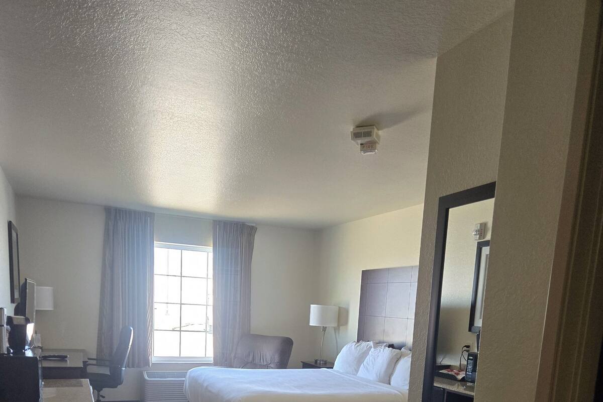 A hotel room with a bed, a desk, a chair, a window with curtains, and a ceiling-mounted fire alarm.