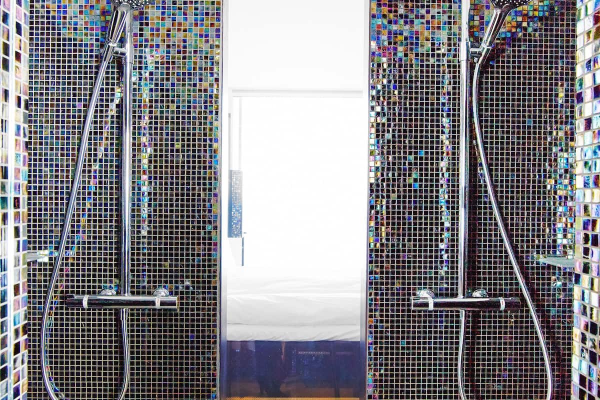 shower, rainfall showerhead, hair dryer, heated floors