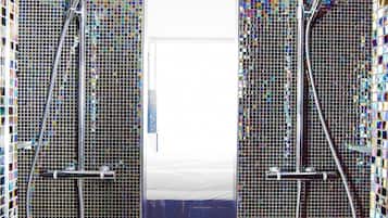 Shower, rainfall showerhead, hair dryer, heated floors