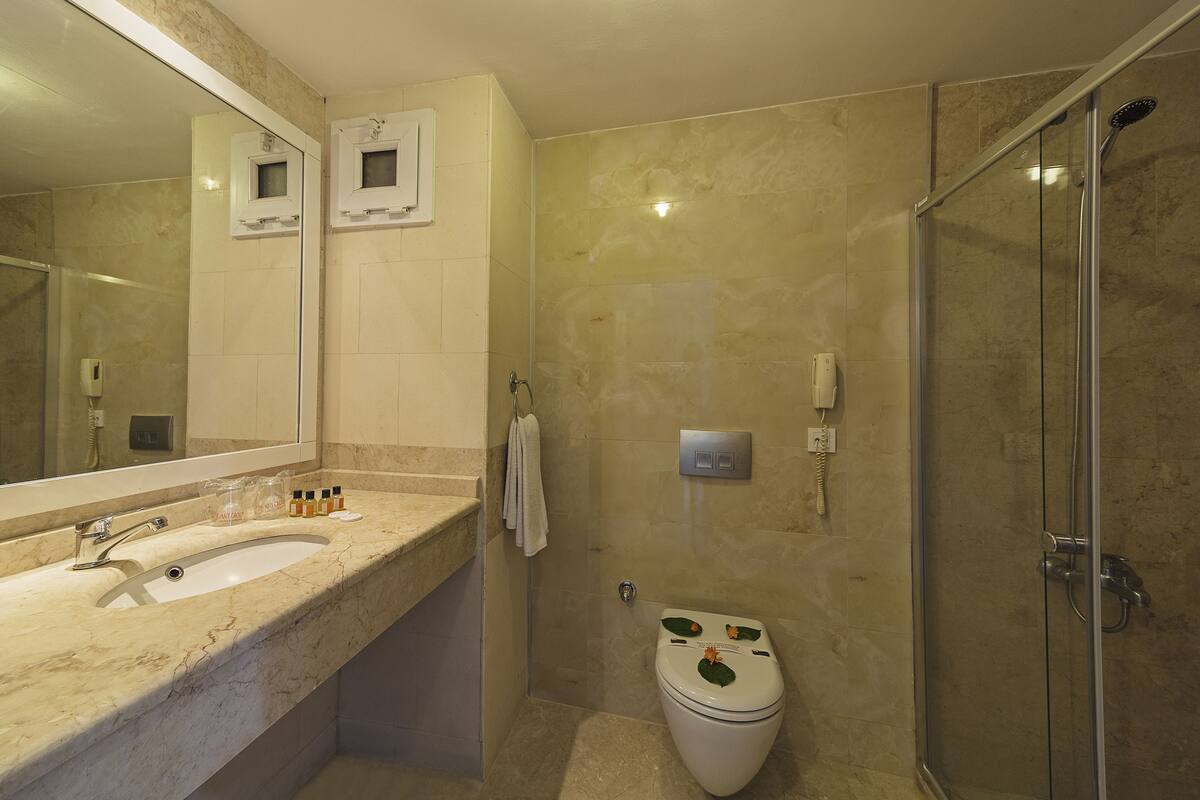 Shower, free toiletries, hair dryer, slippers