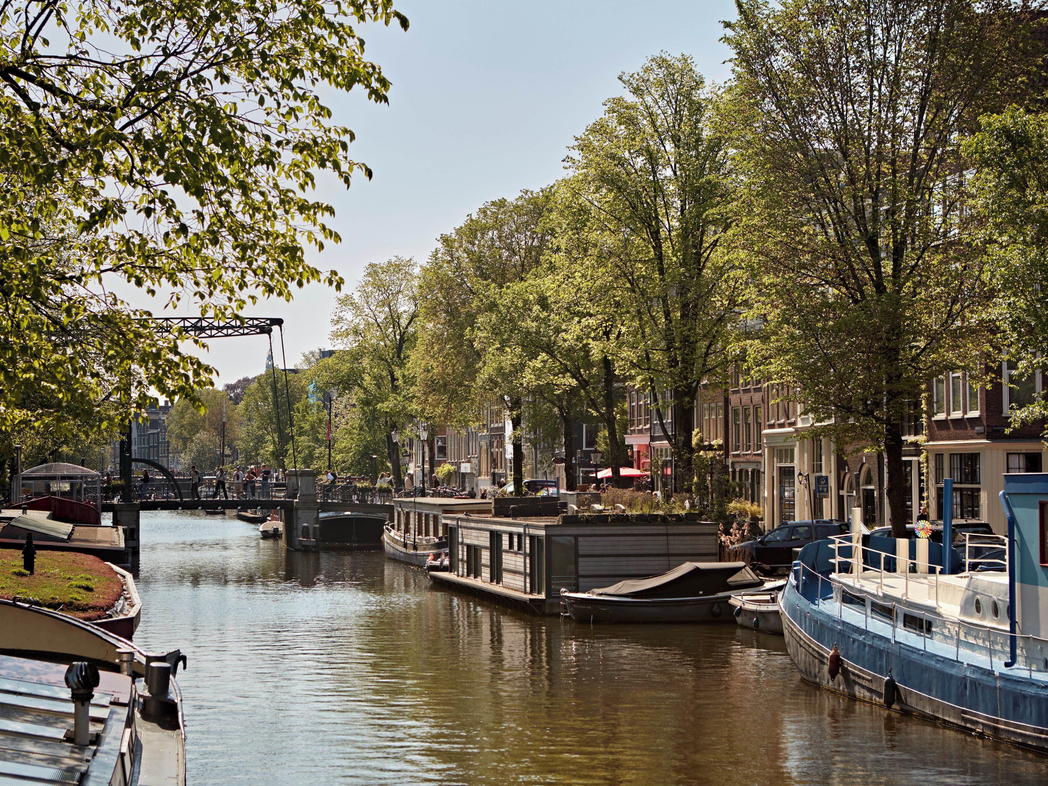 A canal with boats docked, surrounded by trees and buildings.