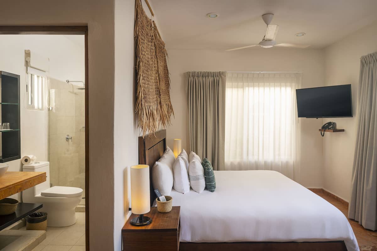 A hotel room with a bed, a TV, a shower, and a bathroom.