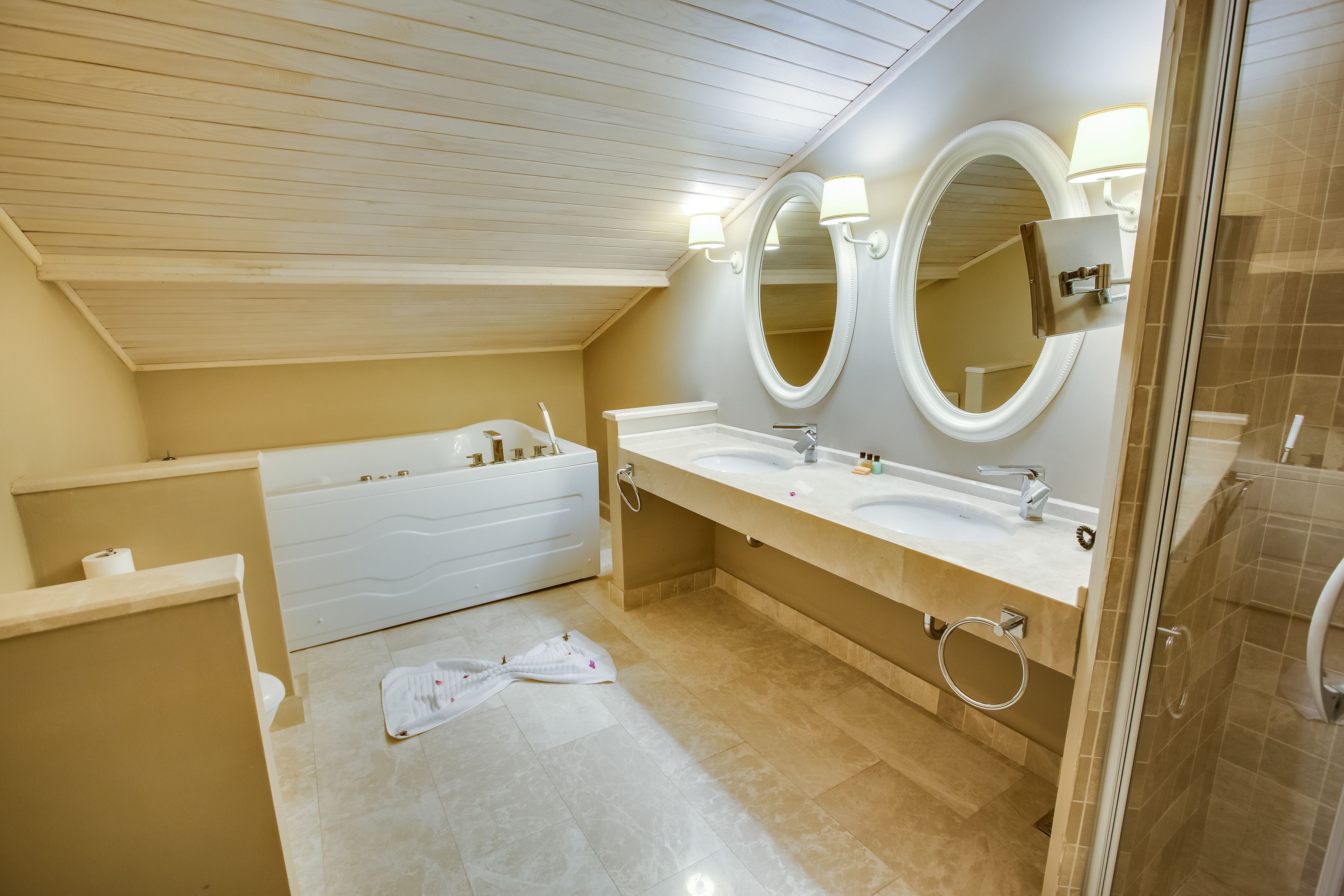 presidential suite with indoor jacuzzi | bathroom | shower, hydromassage showerhead, designer toiletries, hair dryer