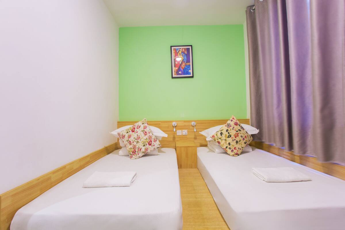 A twin room with two beds, a green wall, a framed picture, and a window with curtains.