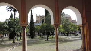Un patio arquitectónico con arcos, árboles y un edificio distante.