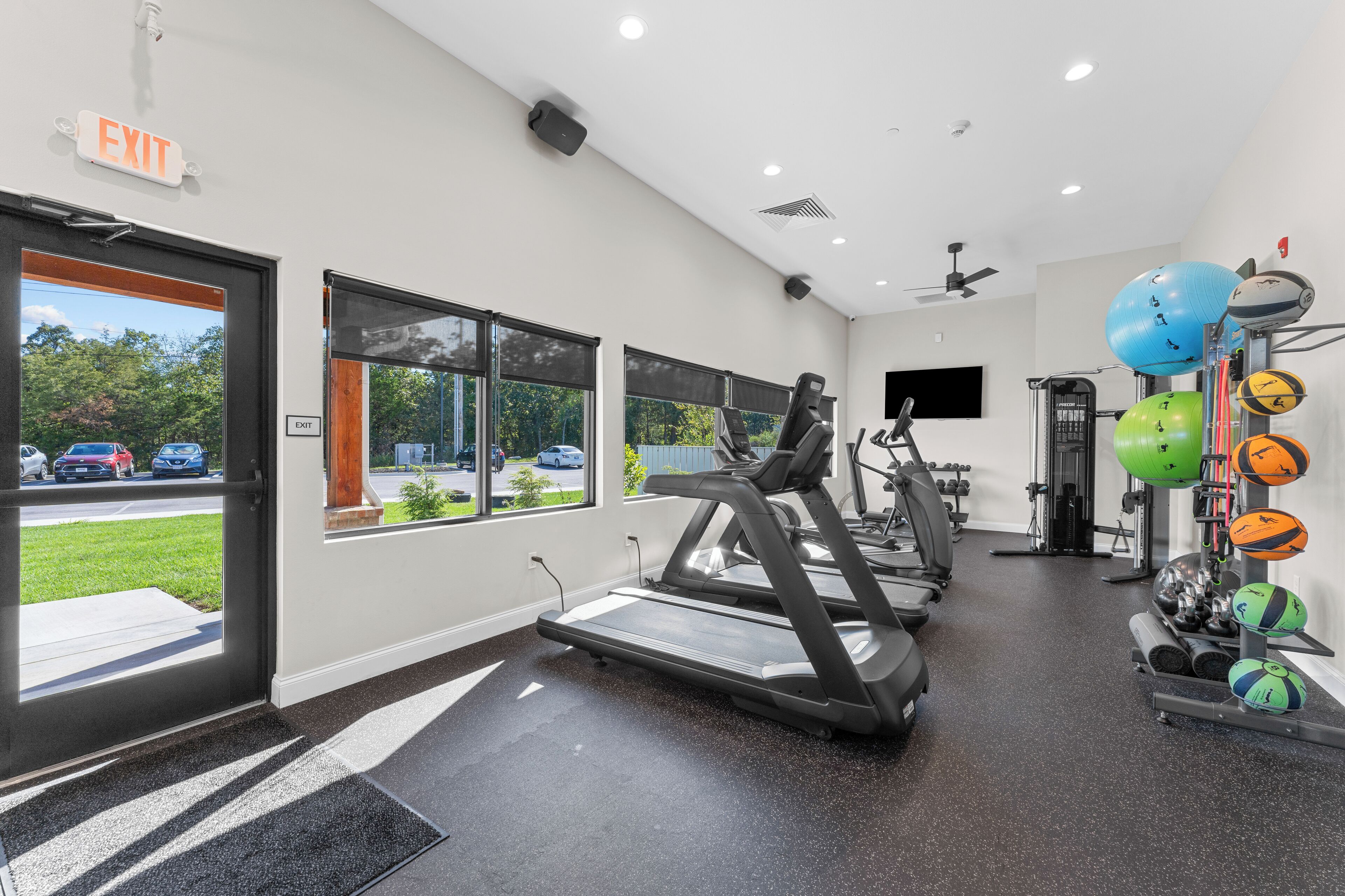A gym with treadmills, exercise balls, and weights.