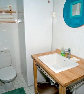 Een kleine badkamer met een wit toilet, een houten wastafelmeubel met een wastafel en een groene vloermat.