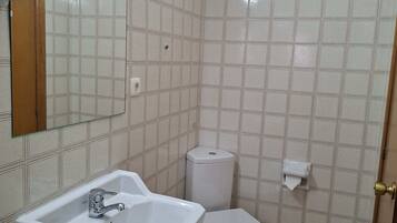 Un bany amb un lavabo blanc, un vàter i un safata de brossa.
