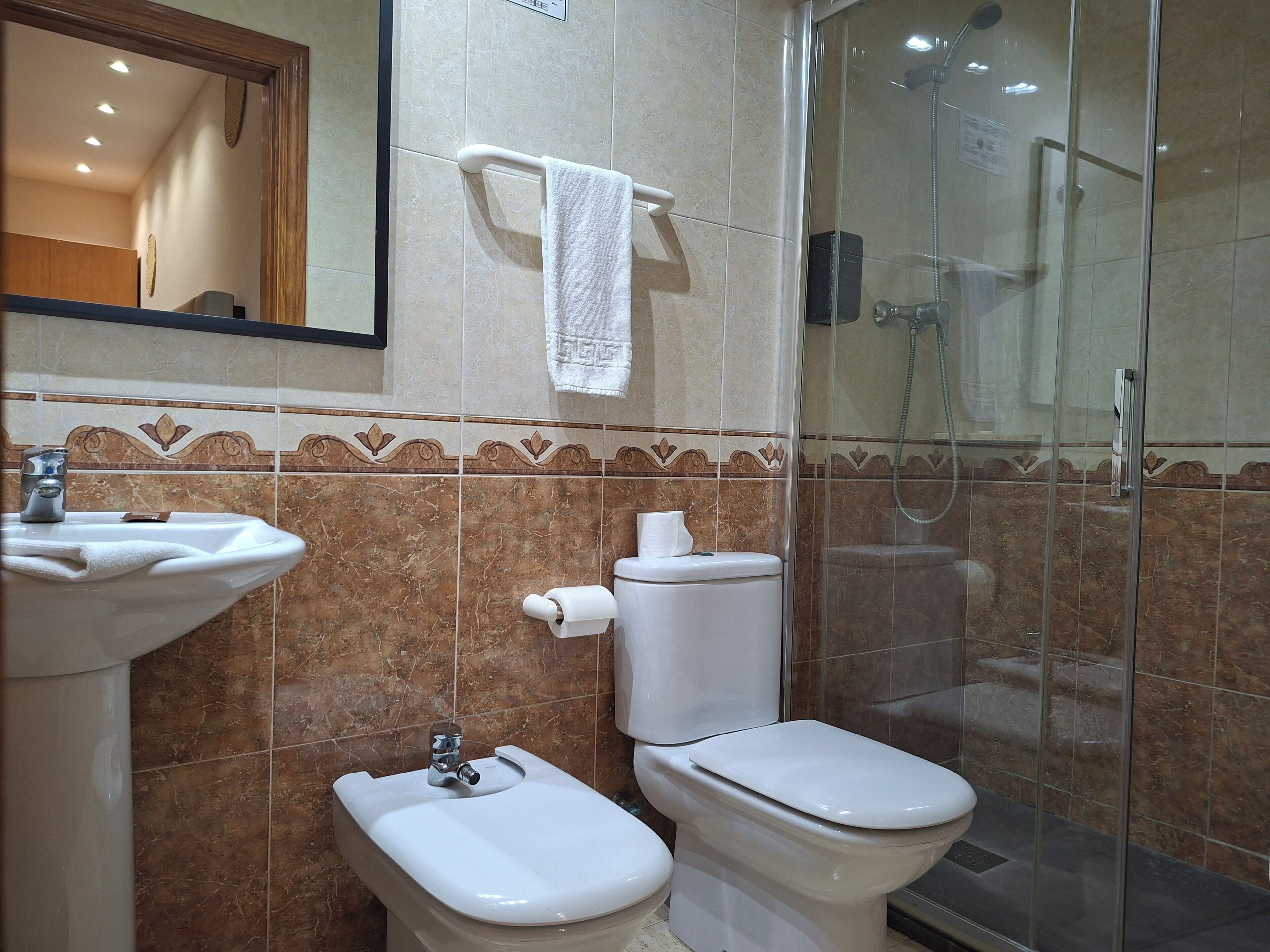 A bathroom with a sink, two toilets, a shower, and a mirror.