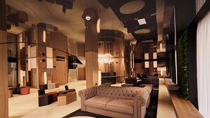 Un interior moderno con una zona de estar central, detalles de madera y una pared verde.