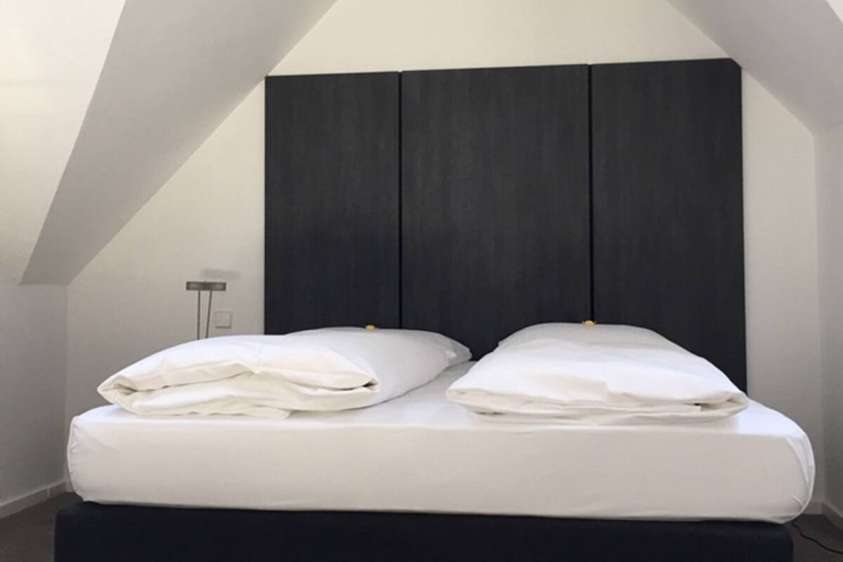 A modern room with a bed, dark headboard, and white bedding.