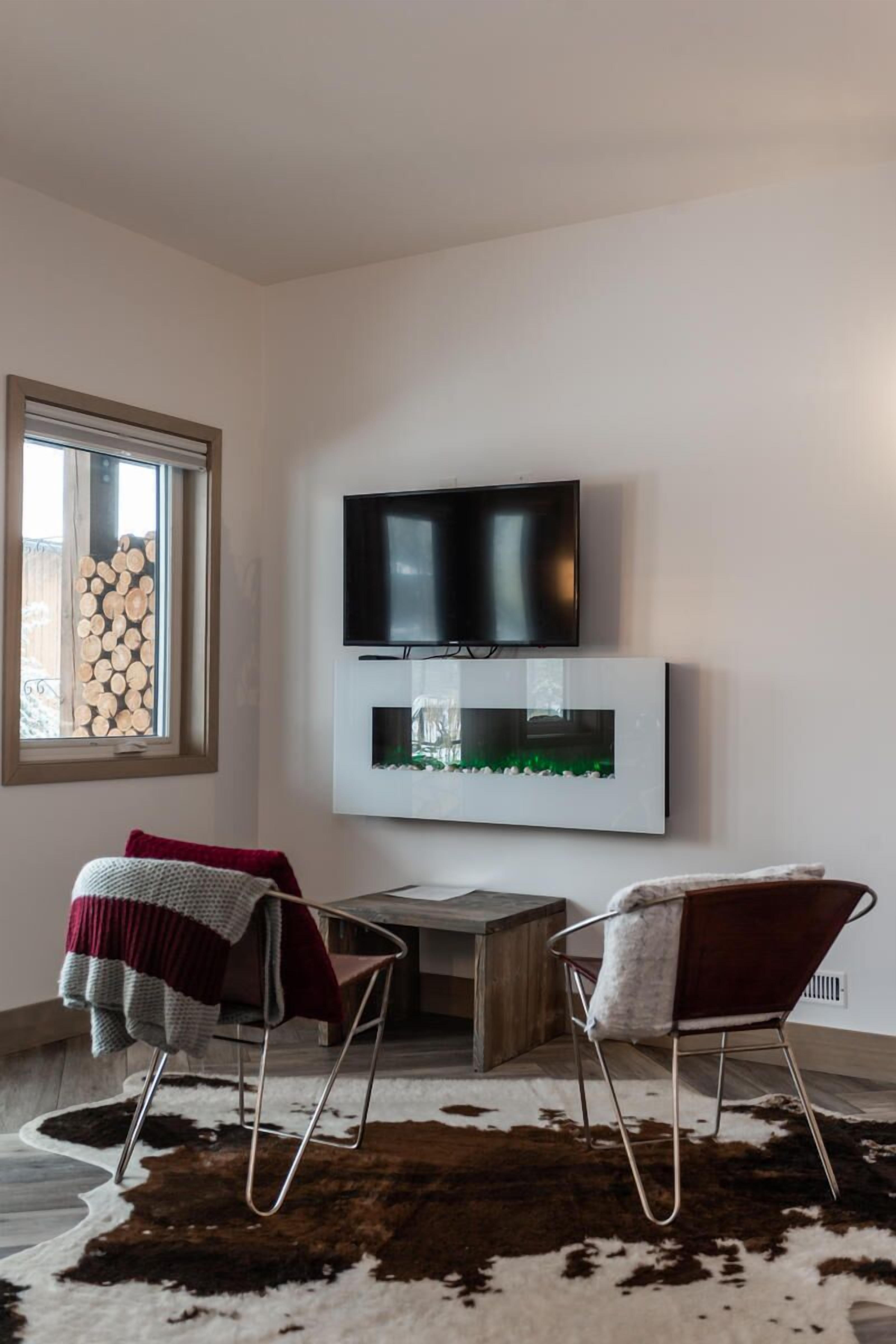 Una sala de estar moderna con un televisor de pantalla plana montado en la pared, una mesa de centro de madera, dos sillones, un tapete de cuero de vaca y una ventana con vistas a pilas de leña.