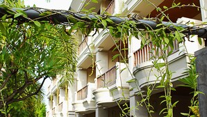 Un hotel de varios pisos con balcones, un camino empedrado y abundante vegetación.