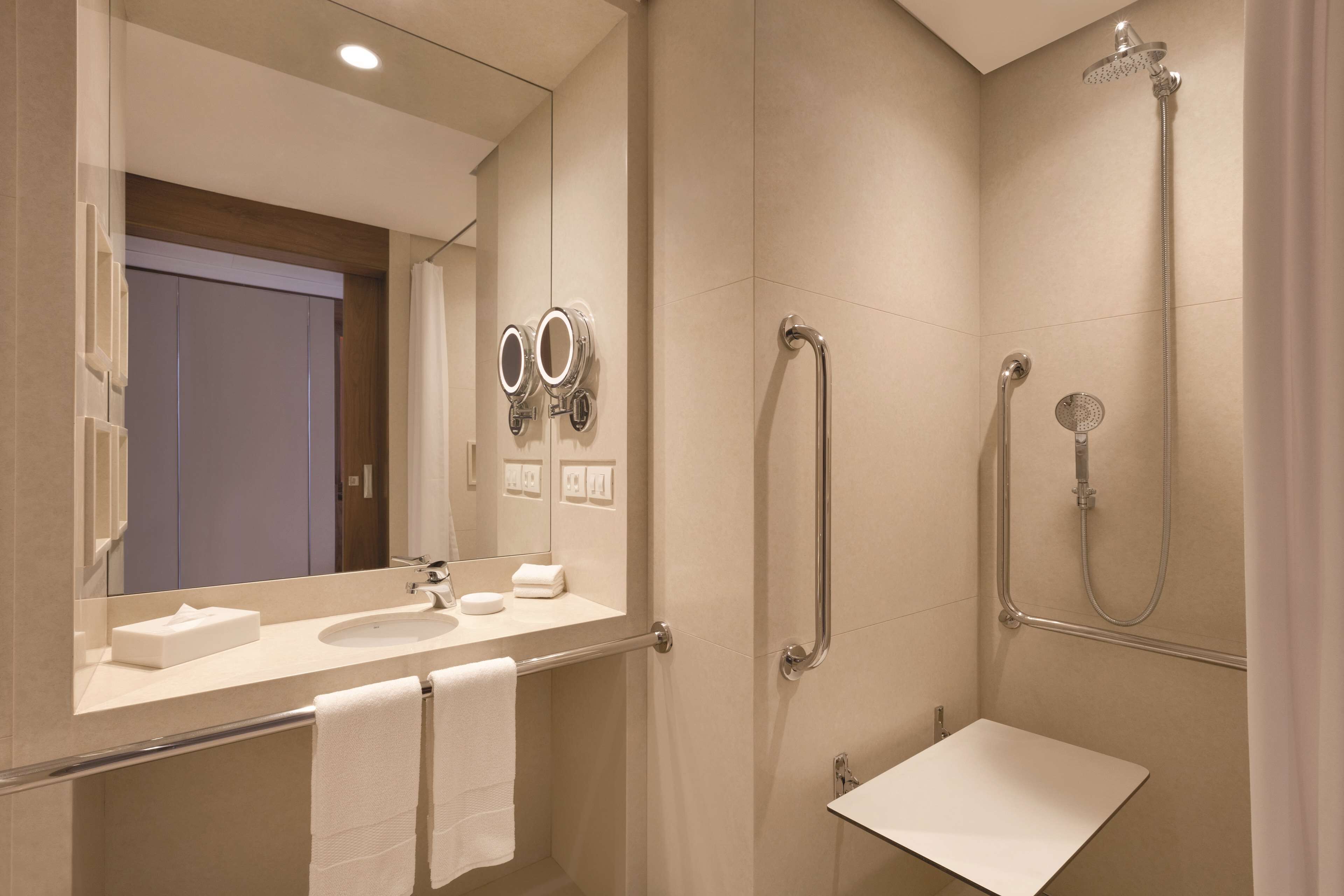 A modern bathroom with a large mirror, two sinks, a shower with a handheld showerhead, and a grab bar.