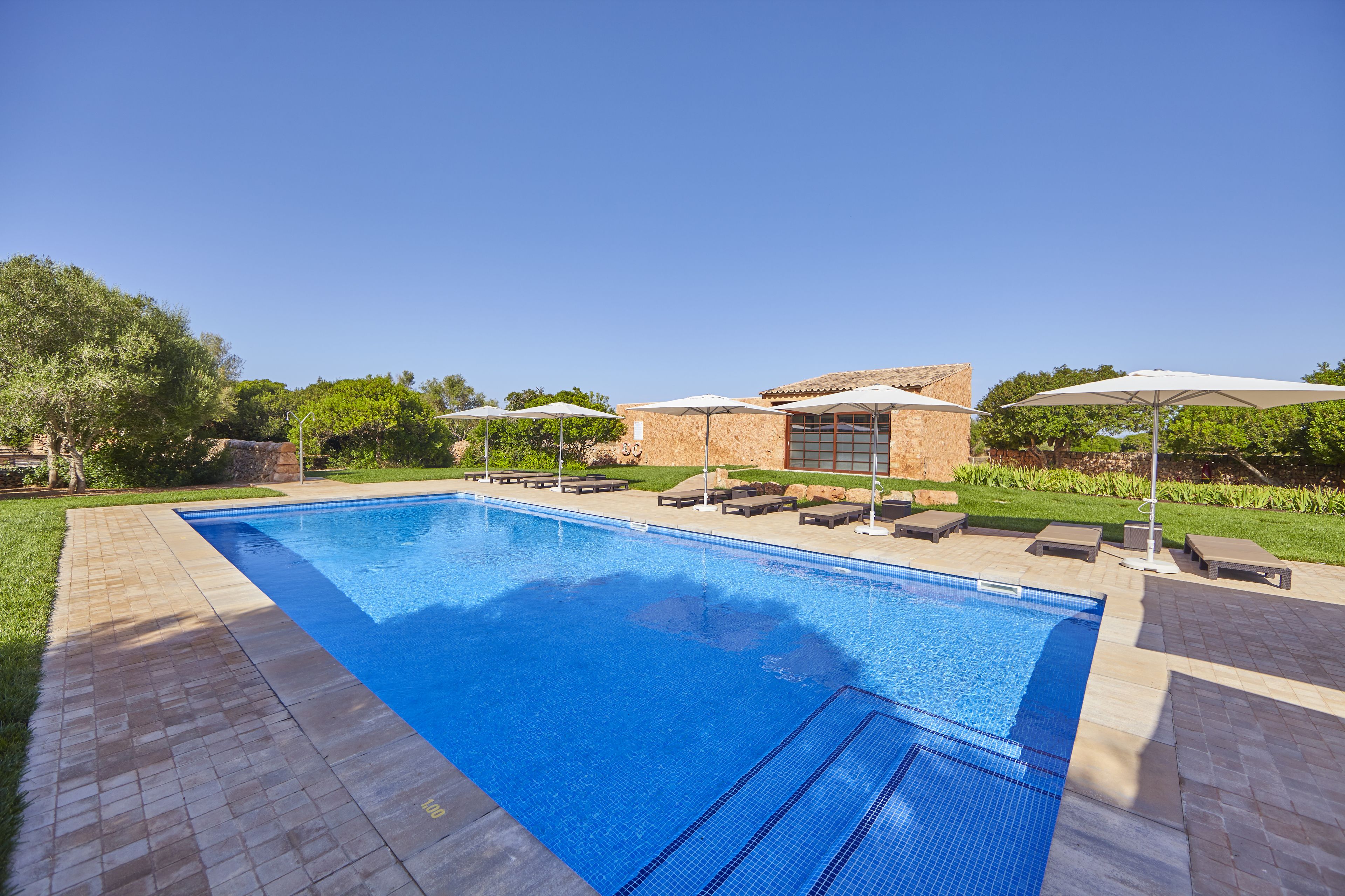 A swimming pool with lounge chairs and umbrellas, surrounded by a brick patio and greenery.