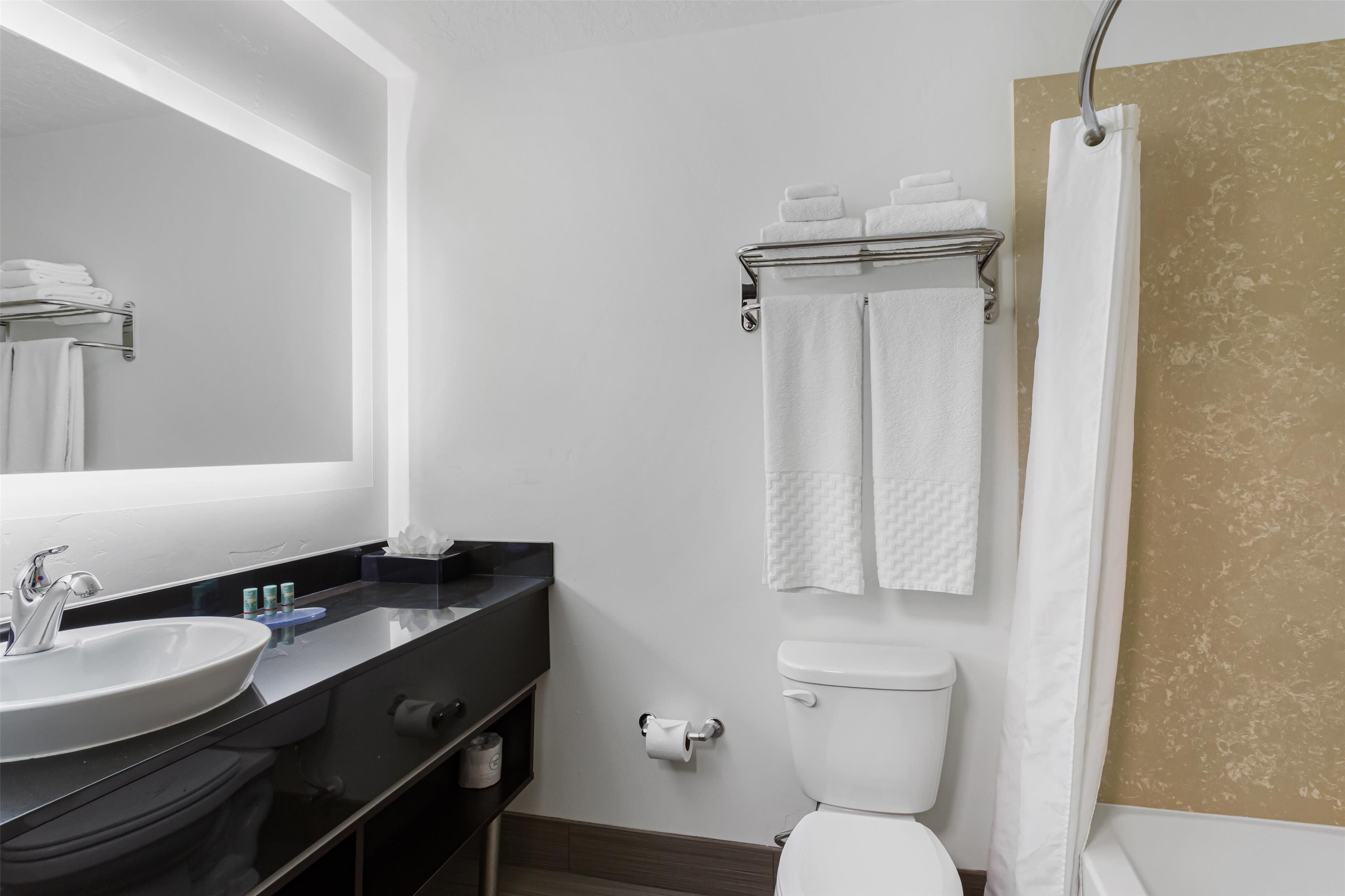 A bathroom with a sink, mirror, towel rack, toilet, and shower curtain.